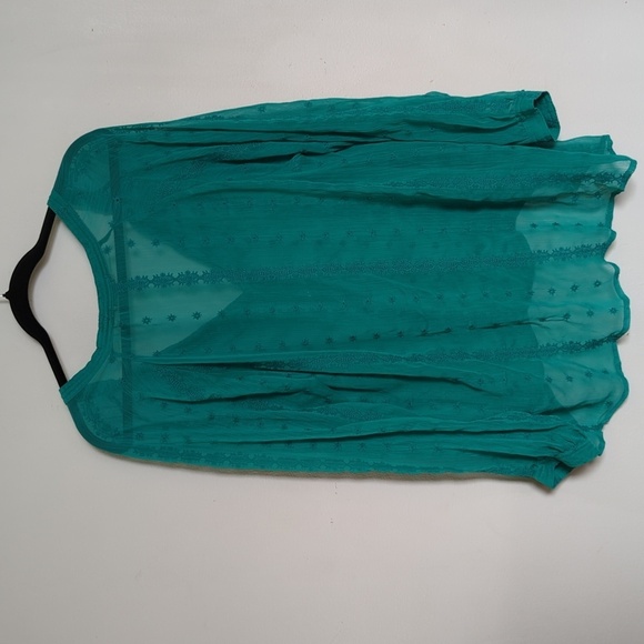 Democracy green sheer embroidered boho tunic-length blouse women's size 1X - Picture 3 of 3